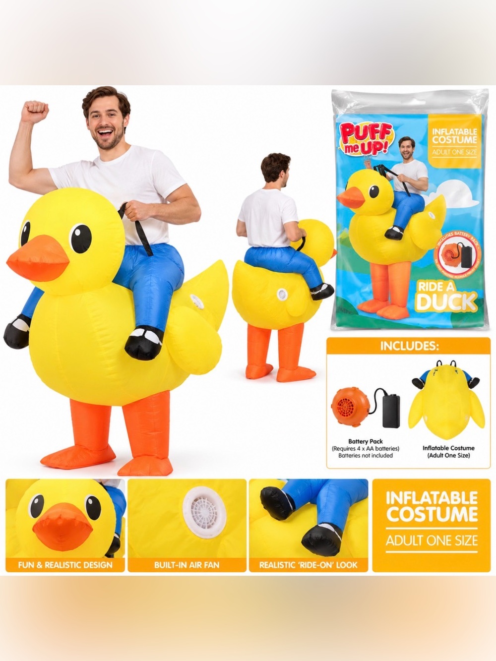 Adult Inflatable Ride a Duck Halloween Costume One Size Puff Me Up Yellow Duck
